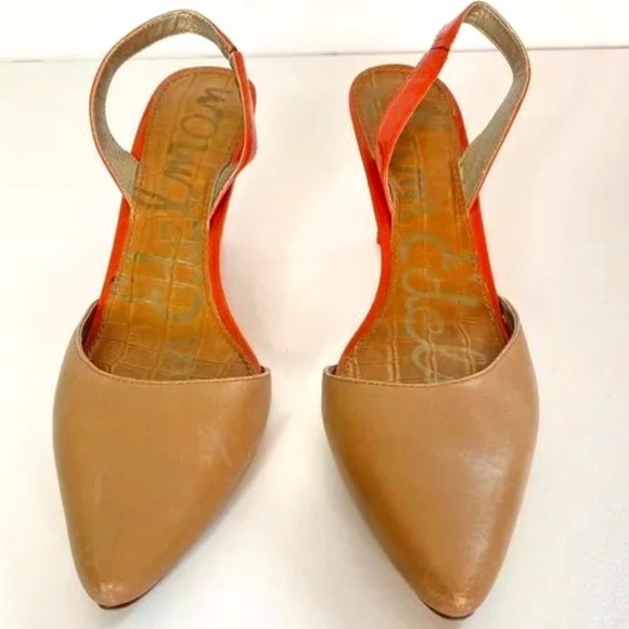 Sam Edelman Orly Beige and Orange Leather Pointed Toe Slingback Heels - Picture 5 of 5